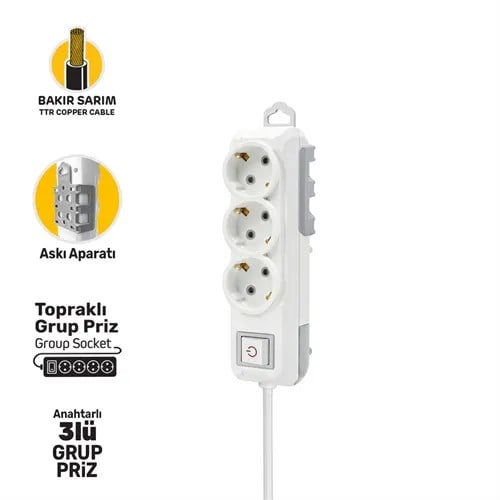 GRUP PRİZ TOPRAKLI ANAHTARLI ÜÇLÜ 2 METRE