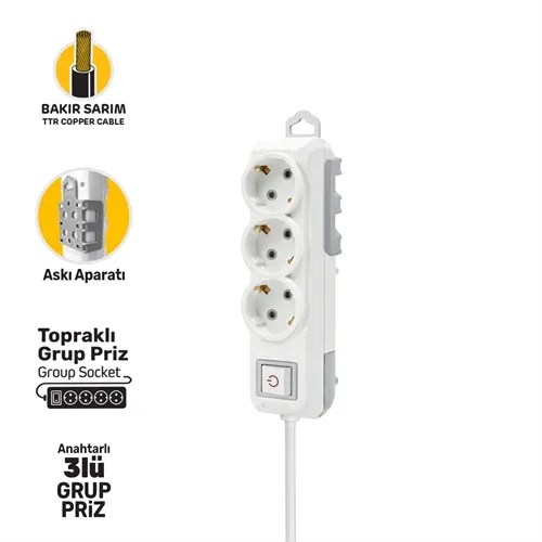 GRUP PRİZ TOPRAKLI ANAHTARLI ÜÇLÜ 5 METRE
