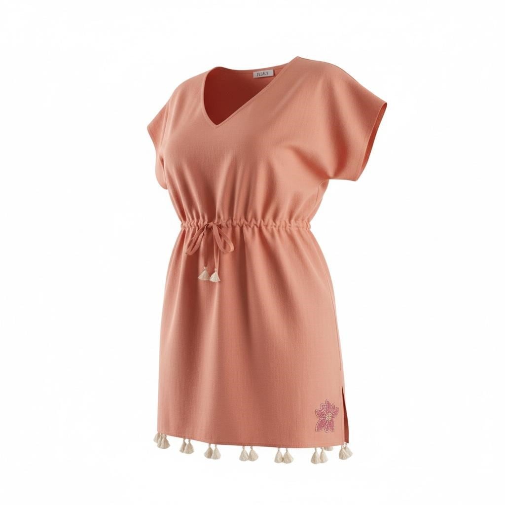 KETEN KUMAŞ KİREMİT YAZLIK ELBİSE/ PLAJ ELBİSESİ PLJ05