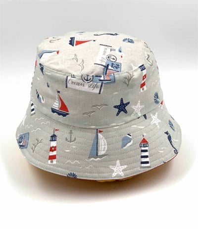 MARİN DESEN / KIRMIZI ÇİFT TARAF KULLANILABİLEN BUCKET ÇOCUK ŞAPKA