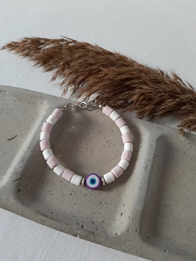 NAZAR BONCUĞU FİGÜRLÜ PEMBE BEYAZ LİNO BİLEKLİK