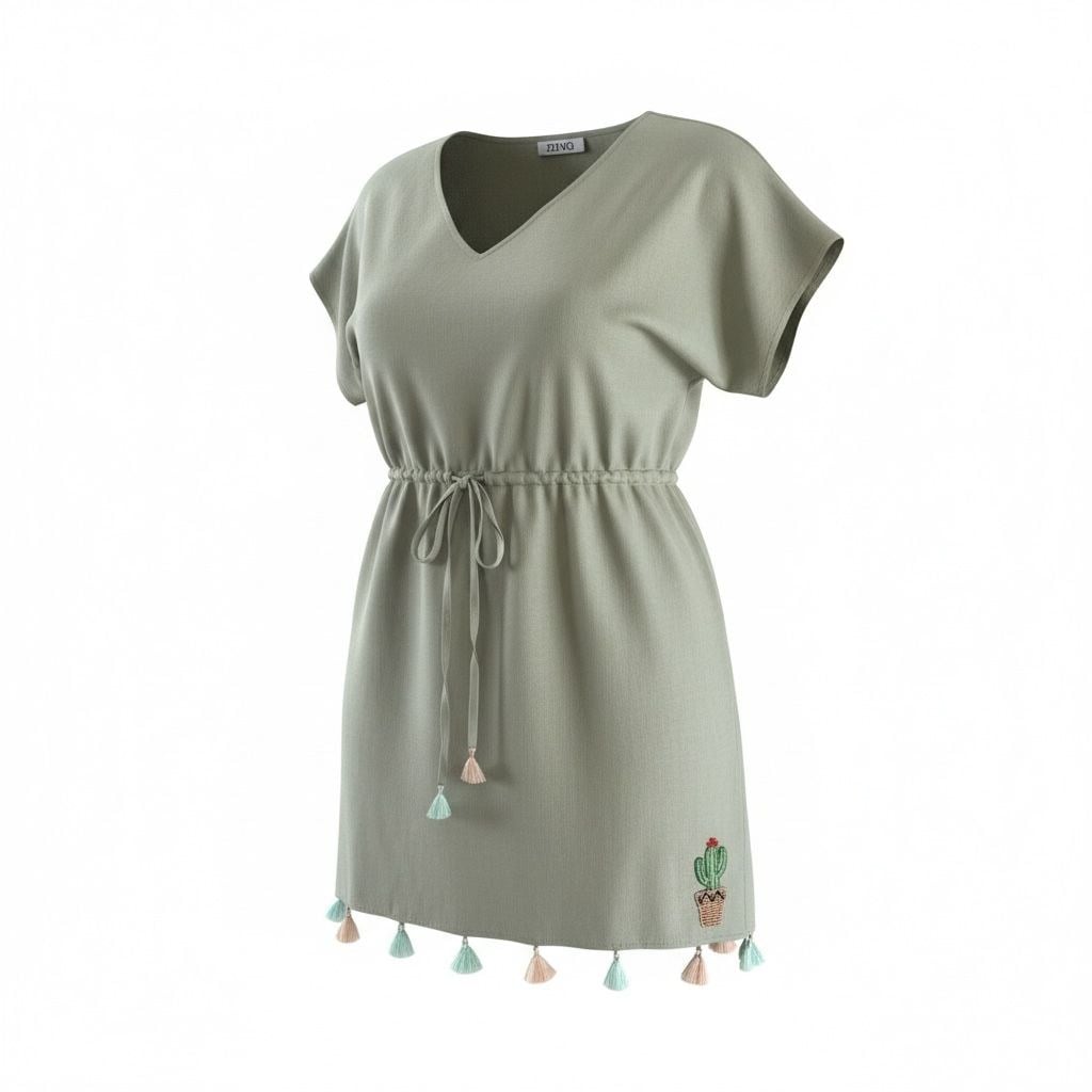 KETEN KUMAŞ YEŞİL YAZLIK ELBİSE/ PLAJ ELBİSESİ PLJ04