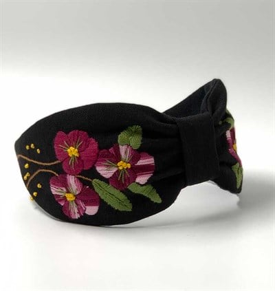 VIOLET FLOWER EMBROIDERED BLACK HAIR BAND MN01-