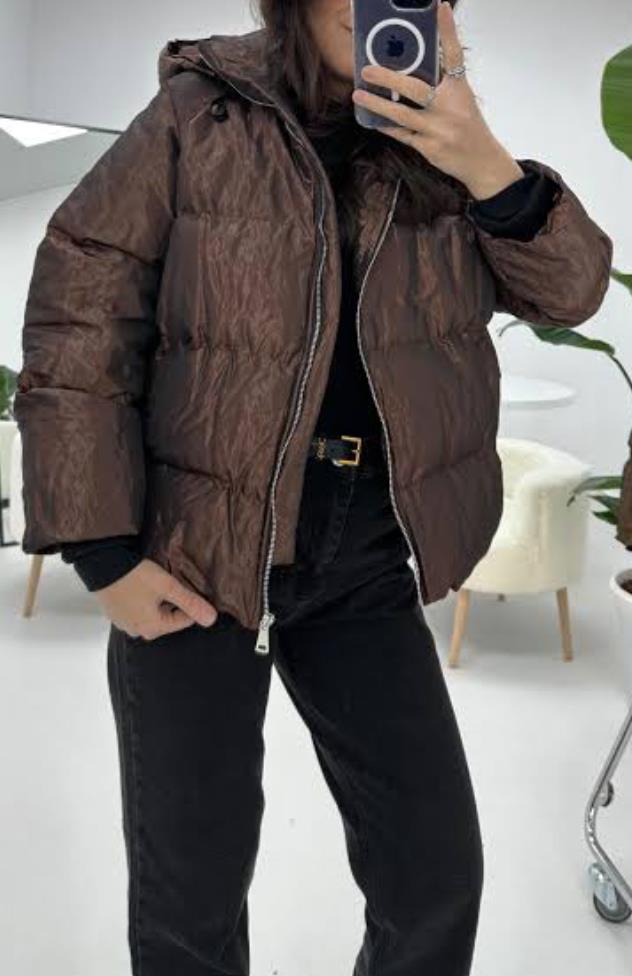 Acı Kahve Fermuarlı Kapuşonlu Mont