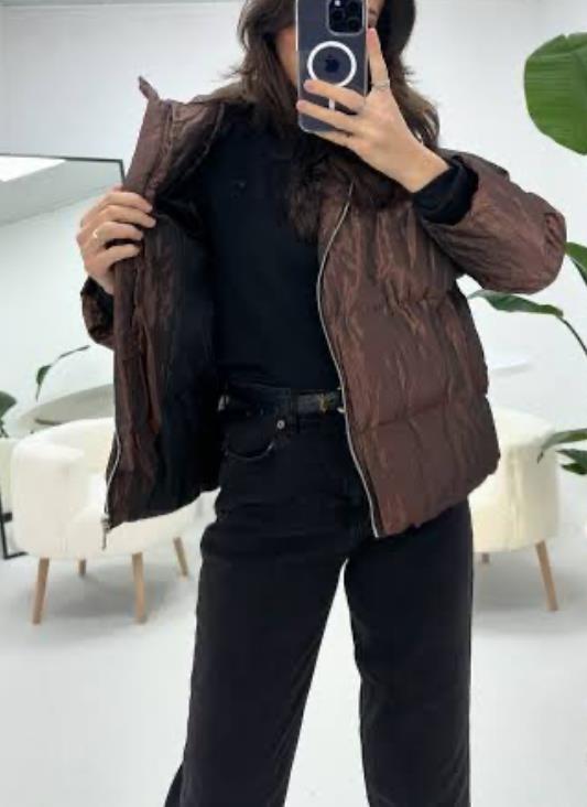 Acı Kahve Fermuarlı Kapuşonlu Mont