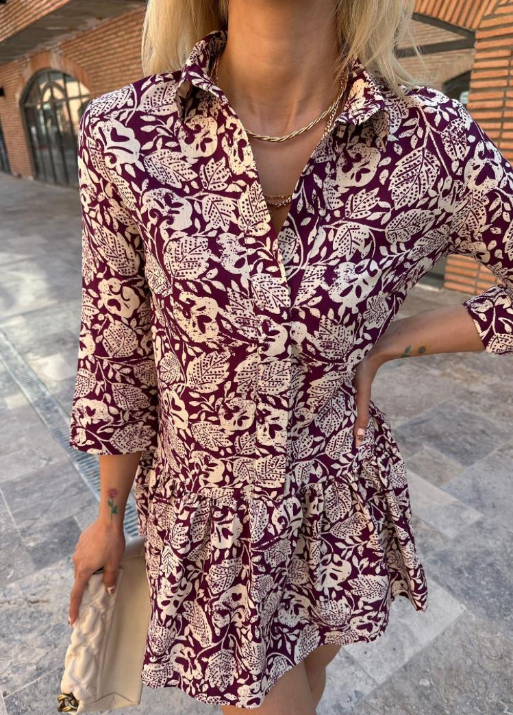 ZR Bordo Çiçek Desenli Elbise