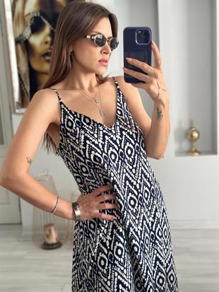 Askılı Lacivert Maxi Elbise