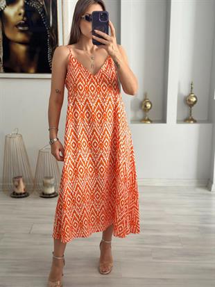 Askılı Turuncu Maxi Elbise