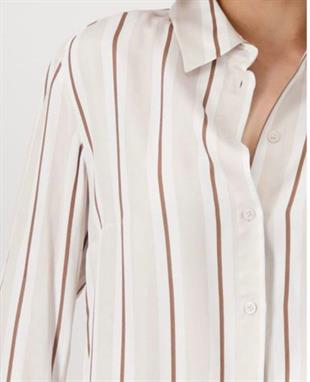 Bej Kahve Çizgili Viskon Gömlek