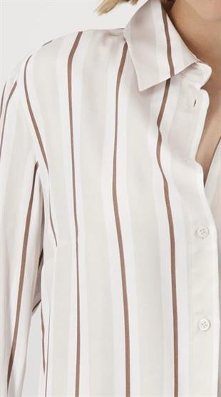 Bej Kahve Çizgili Viskon Gömlek