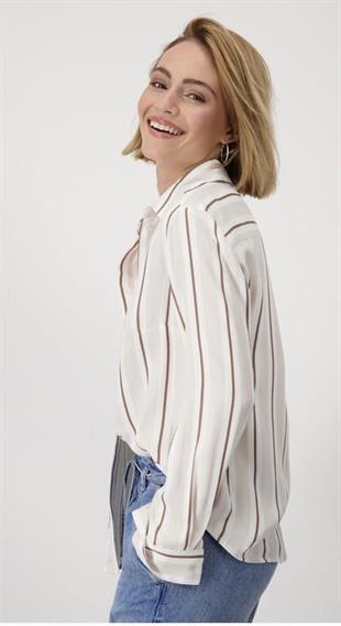 Bej Kahve Çizgili Viskon Gömlek