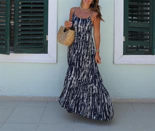 Boncuk Bağlama Detaylı Lacivert Askılı Elbise