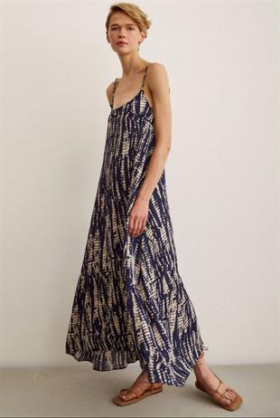 Boncuk Bağlama Detaylı Lacivert Askılı Elbise