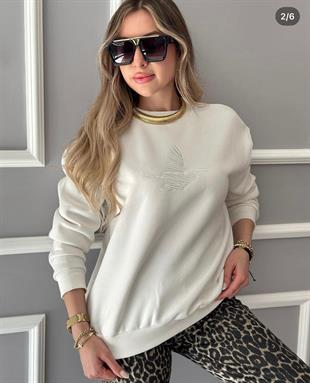 BYMN Kuş Nakışlı Oversize Beyaz Sweatshirt