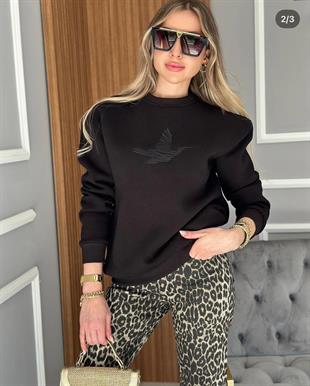 BYMN Kuş Nakışlı Oversize Siyah Sweatshirt