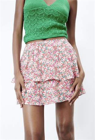 Çiçekli Pembe Şort Etek 