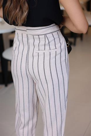 Çizgili Bej Keten Pantolon