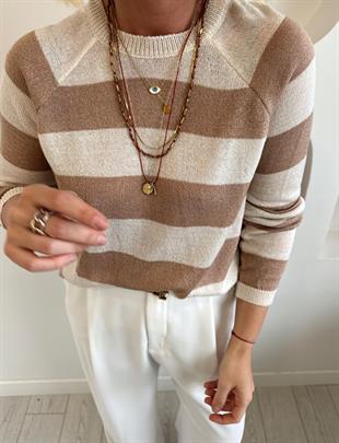 Çizgili Bej Triko Kazak