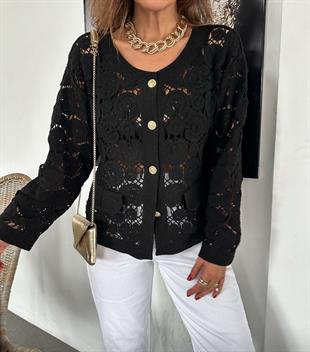 Gold Düğme Detaylı siyah Makrome Hırka