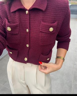 Gold Düğmeli Cep Detaylı Bordo Hırka