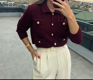 Gold Düğmeli Cep Detaylı Bordo Hırka