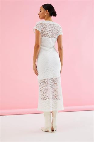 Kappahl Dantel Midi Boy Beyaz Elbise