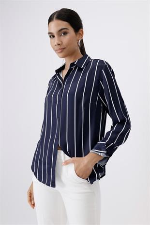 Lacivert Çizgili Viskon Gömlek