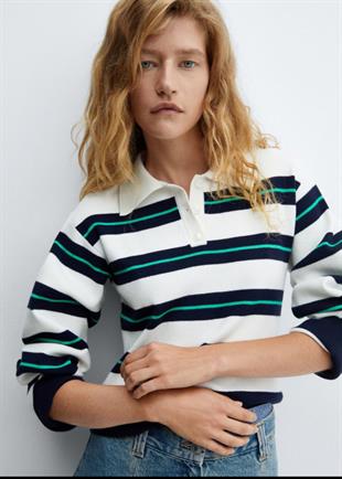 MNG Çizgili Düğmeli Triko Kazak