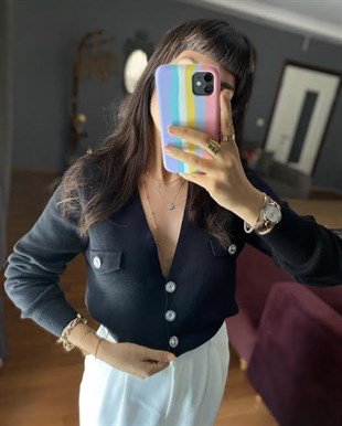 Orjinal  Marka Siyah Taşlı Düğmeli Hırka  