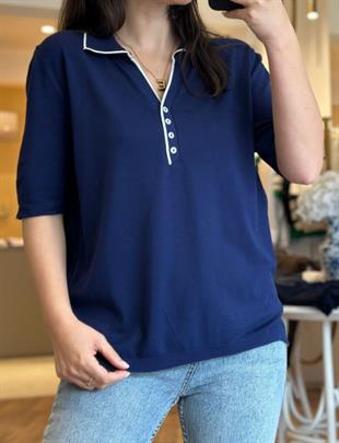 Polo Yaka Düğmeli Lacivert Triko Bluz