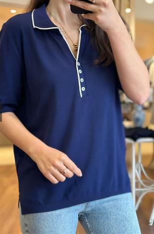 Polo Yaka Düğmeli Lacivert Triko Bluz