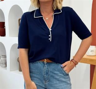 Polo Yaka Düğmeli Lacivert Triko Bluz