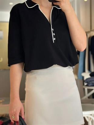 Polo Yaka Düğmeli Siyah Triko Bluz