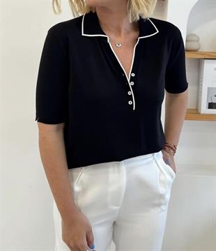 Polo Yaka Düğmeli Siyah Triko Bluz