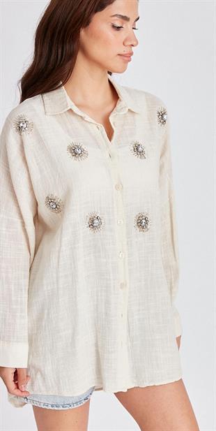 Taş İşleme Detaylı Oversize Gömlek