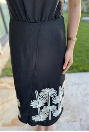 Tek Omuz Nakış Detaylı Siyah Elbise