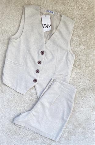 ZR Bej Yelek Şort Takım