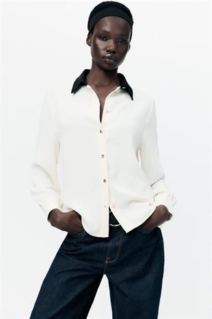 ZR Siyah Yakalı Krep Dokuma Gömlek