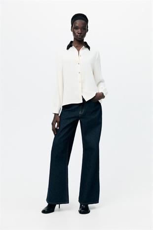 ZR Siyah Yakalı Krep Dokuma Gömlek