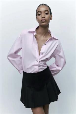 ZR Taşlı Düğmeli Oversize Pembe Poplin Gömlek