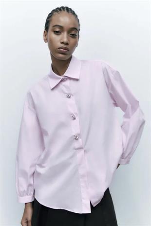 ZR Taşlı Düğmeli Oversize Pembe Poplin Gömlek