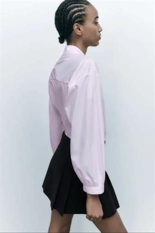 ZR Taşlı Düğmeli Oversize Pembe Poplin Gömlek