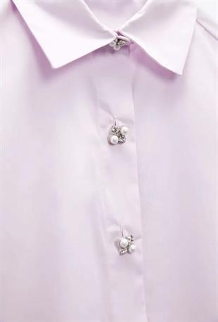 ZR Taşlı Düğmeli Oversize Pembe Poplin Gömlek