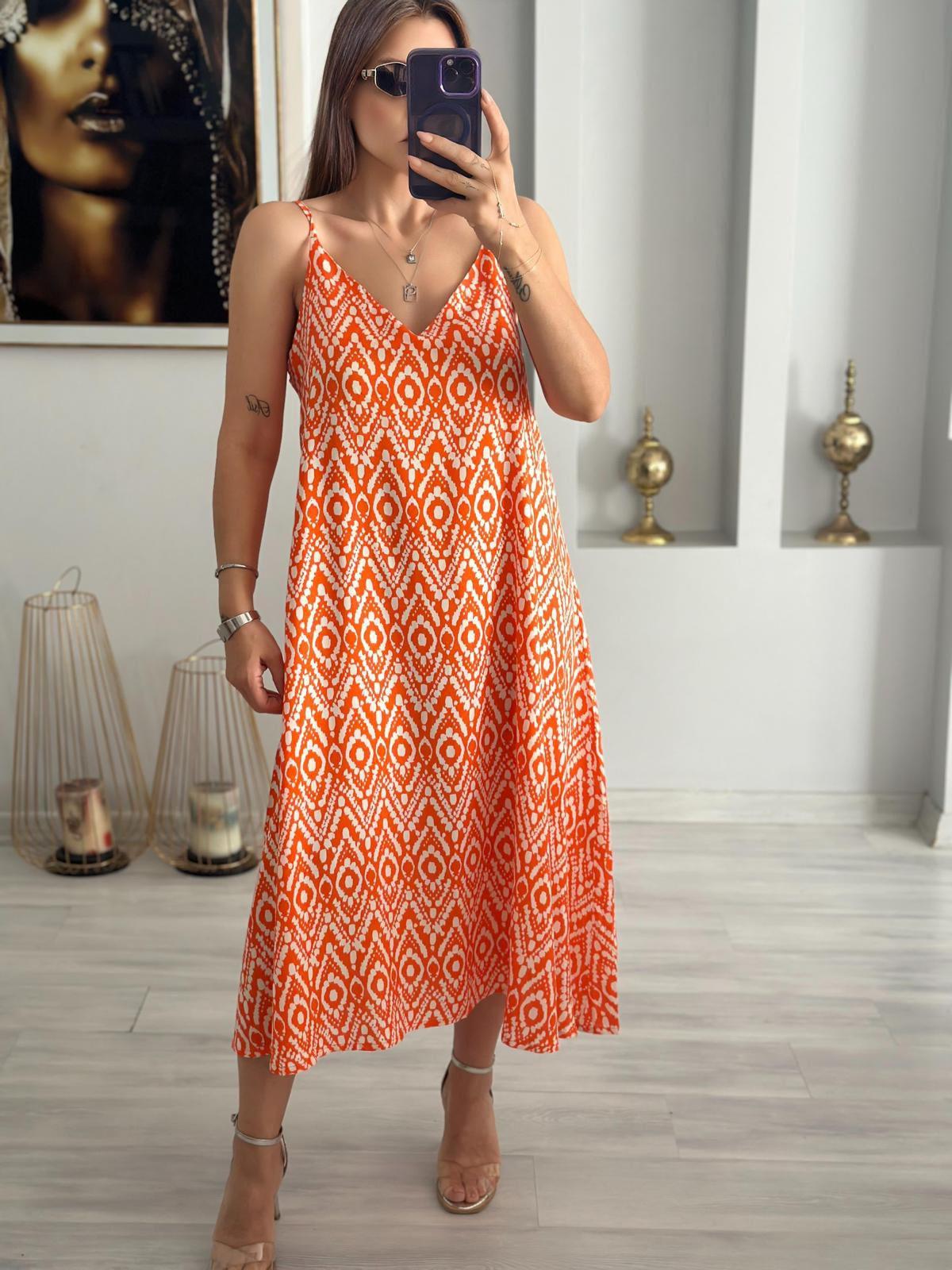 Askılı Turuncu Maxi Elbise