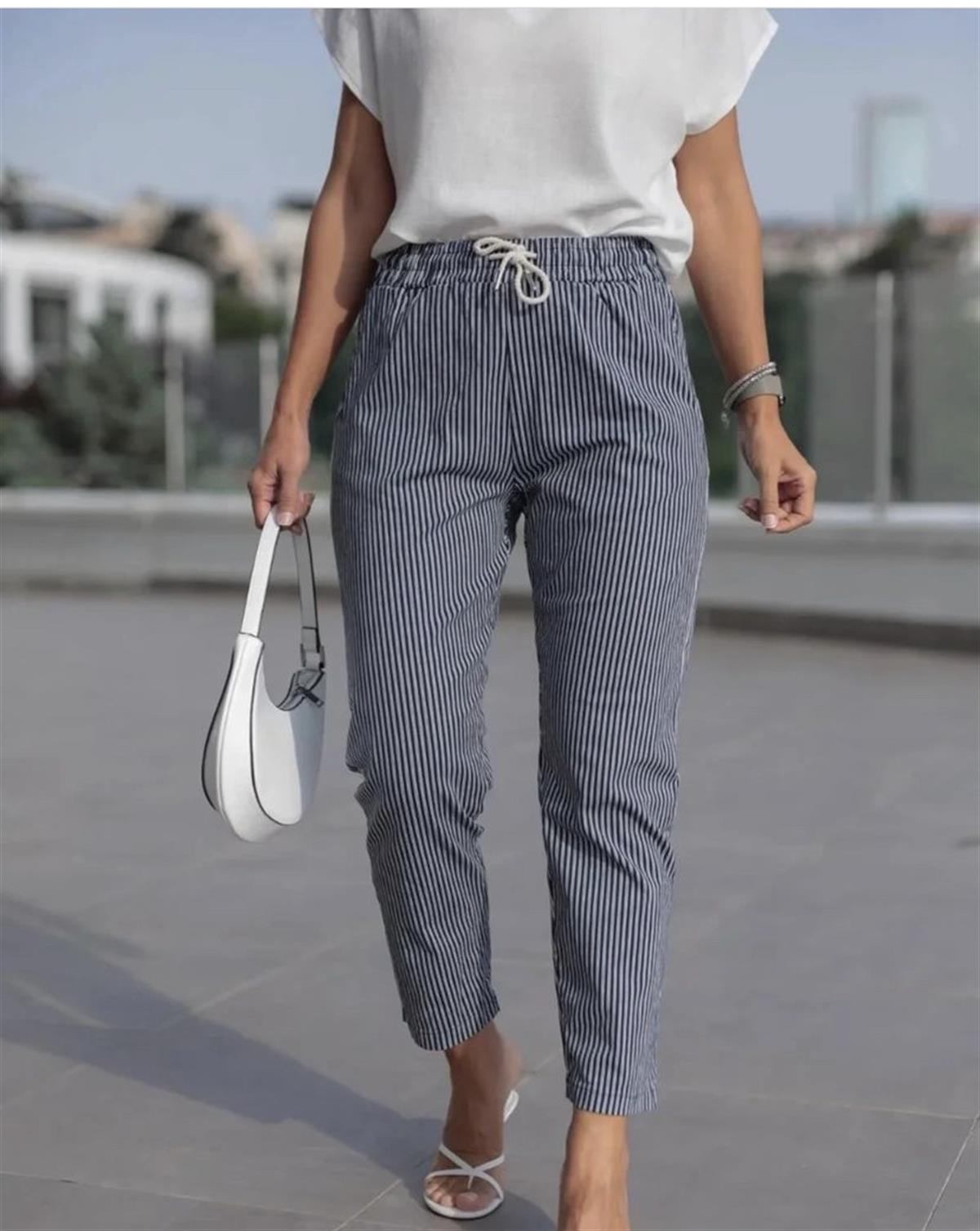 Çizgili Likralı Gabardin Pantolon