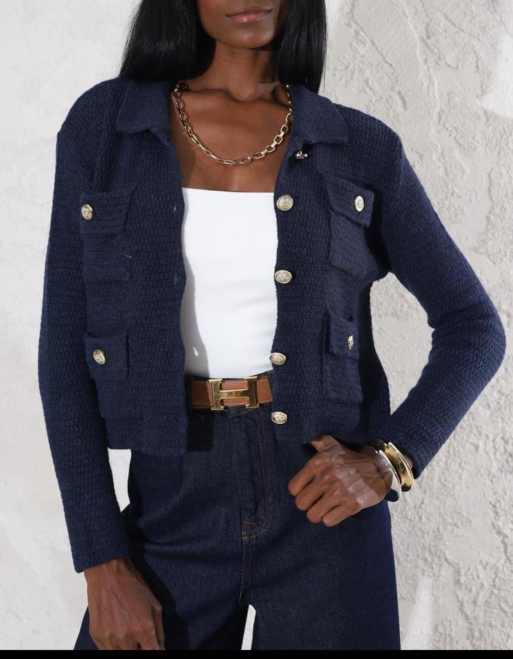 Gold Düğmeli Cep Detaylı Lacivert Hırka