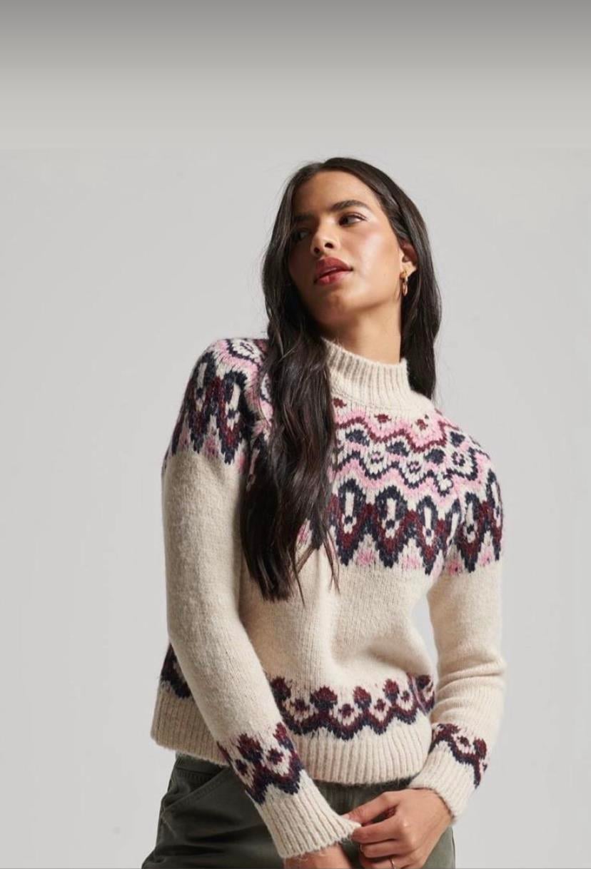 Superdry Vintage Desenli Pembe-Mor Akrilik Kazak