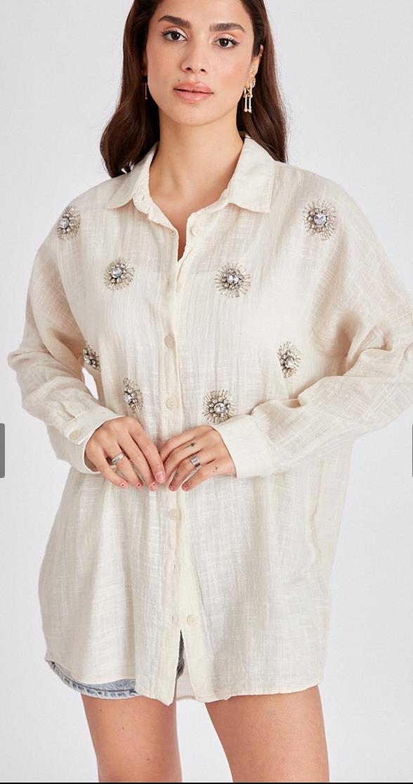 Taş İşleme Detaylı Oversize Gömlek