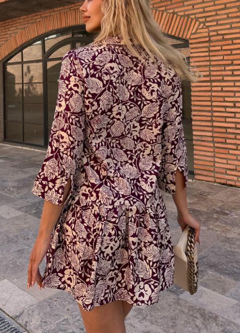 ZR Bordo Çiçek Desenli Elbise