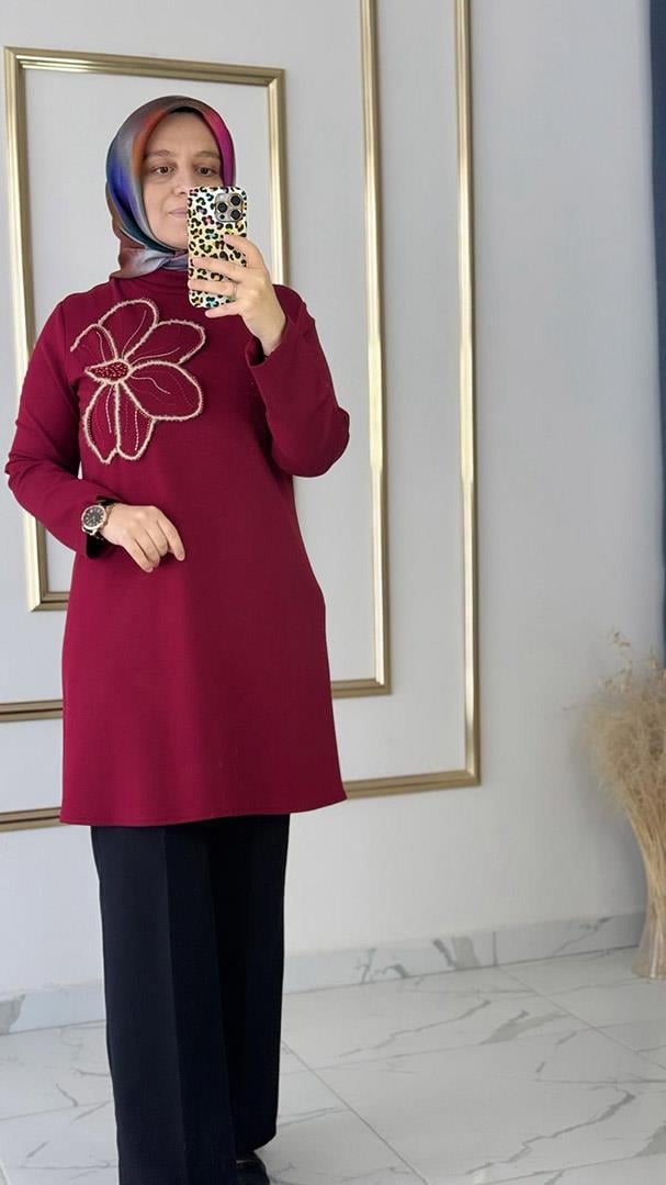 Çiçek Desenli Kırmızı Tunik FRY